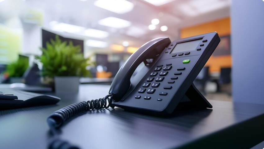 Telefone IP corporativo sobre mesa de escritório
